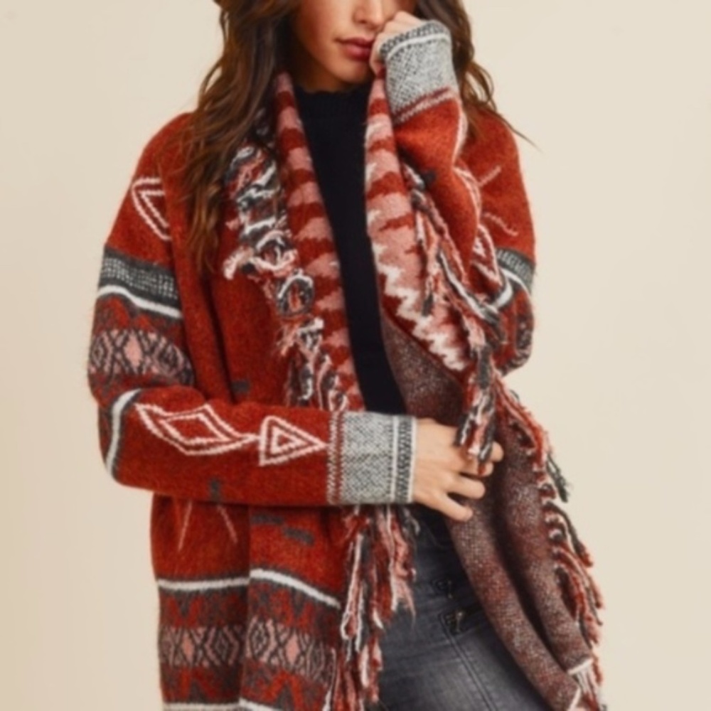 Cozy Cinnamon Red Tribal Print Fringe Open Front Cardigan - Picture 6 of 10